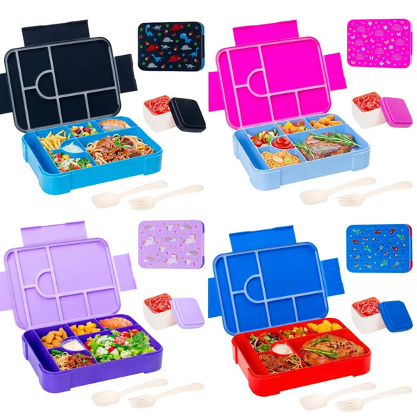 Collection de boîtes à lunchs portables colorées pour enfants avec compartiments et aliments variés.