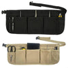A heavy-duty tan tool apron with multiple pockets for gardening and work tools.