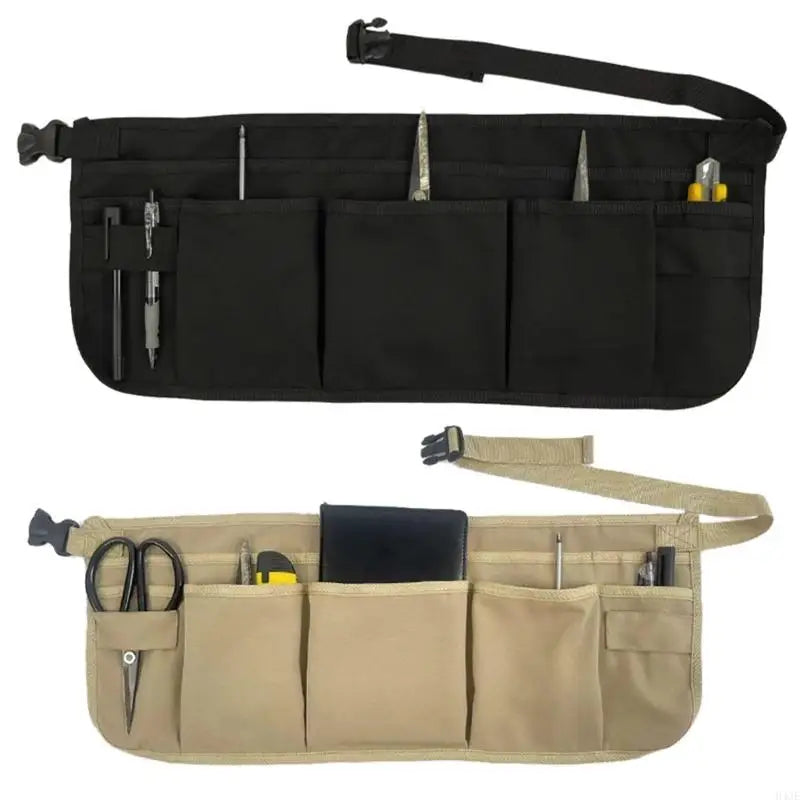 A heavy-duty tan tool apron with multiple pockets for gardening and work tools.