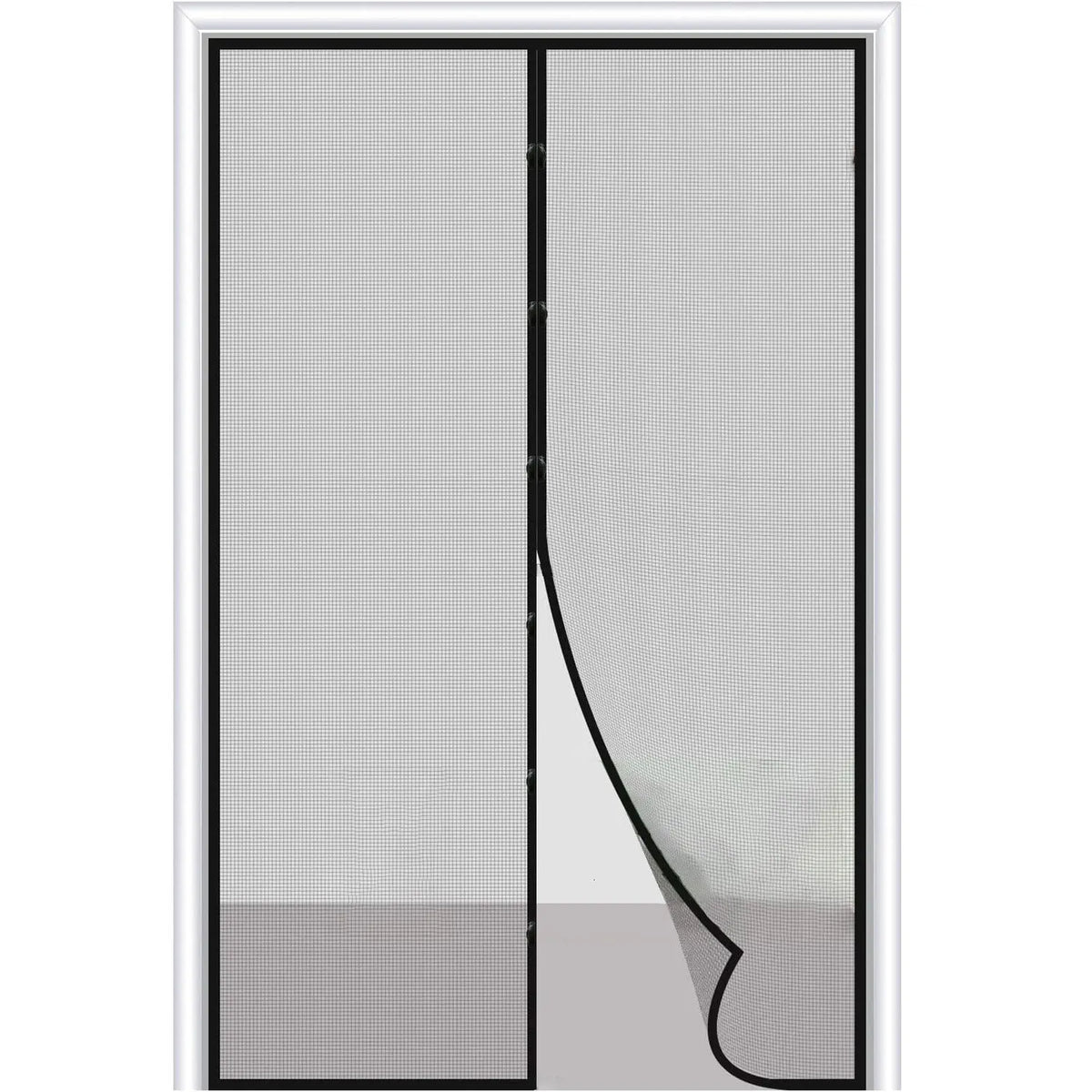 A vertical magnetic screen door curtain with auto-close mesh shown in a white frame.
