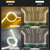 A display showing various brightness levels of an LED light strip with chasing effect lighting in a modern interior setting.