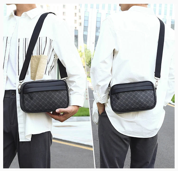 Men's Casual PU Leather Shoulder Bag with Zipper Pockets