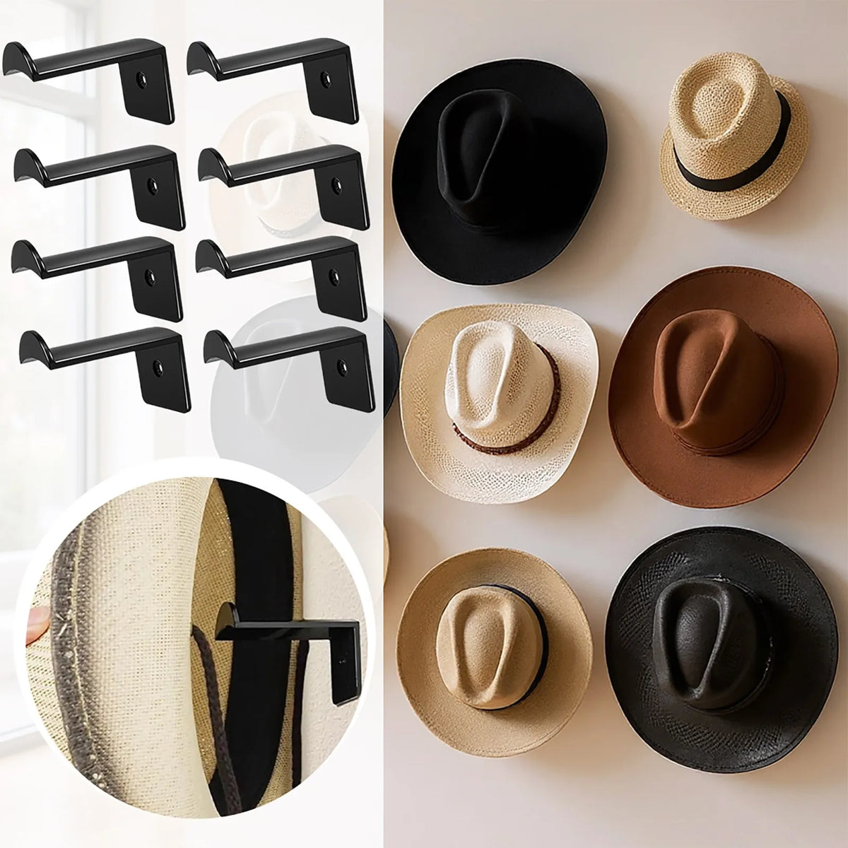A collection of minimalist black and natural fiber hat hooks displayed on a white background.