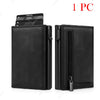 Black RFID blocking pop-up wallet with card holder shown in a vertical view.