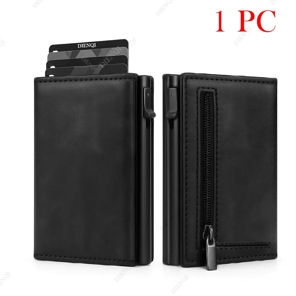 Black RFID blocking pop-up wallet with card holder shown in a vertical view.
