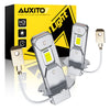 A pack of two H3 LED light bulbs with compact fanless designs and attached cables are shown next to a yellow box.