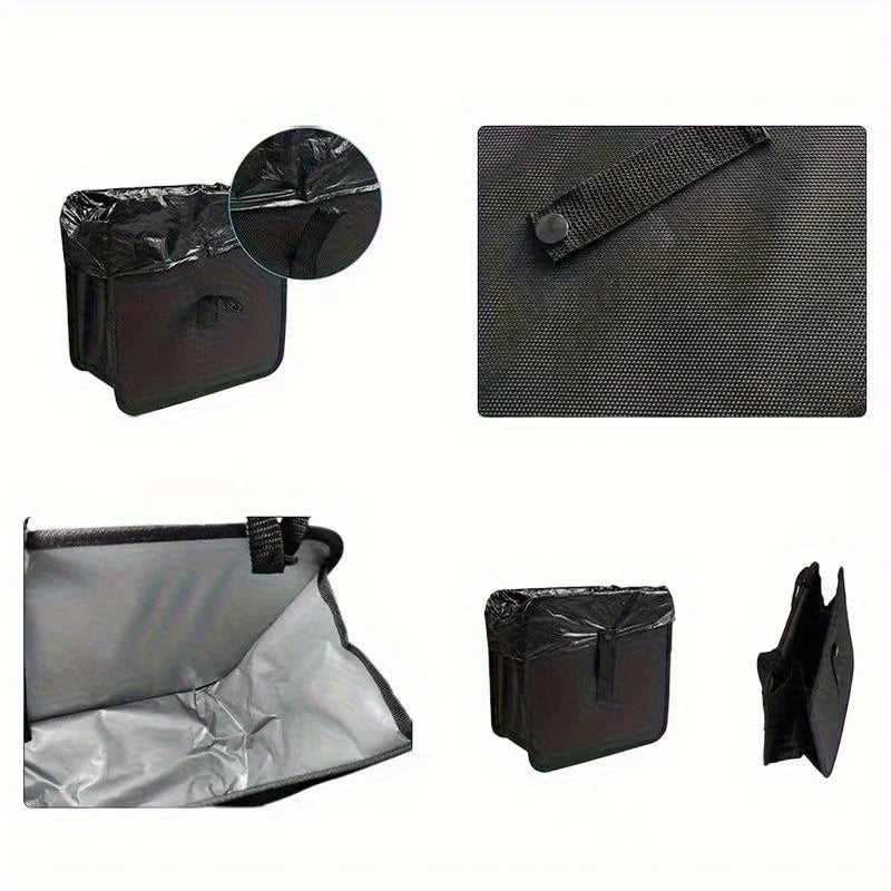 A foldable car trash can and organizer with a waterproof liner shown in various views.