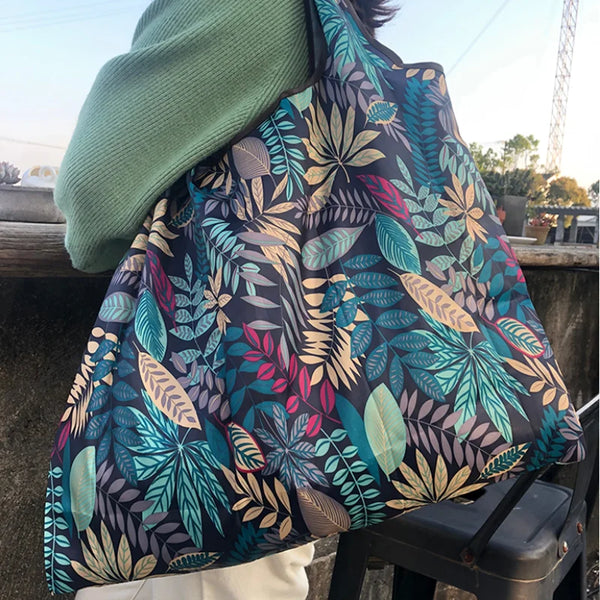 Foldable Nylon Reusable Shopping Bag with Floral Print