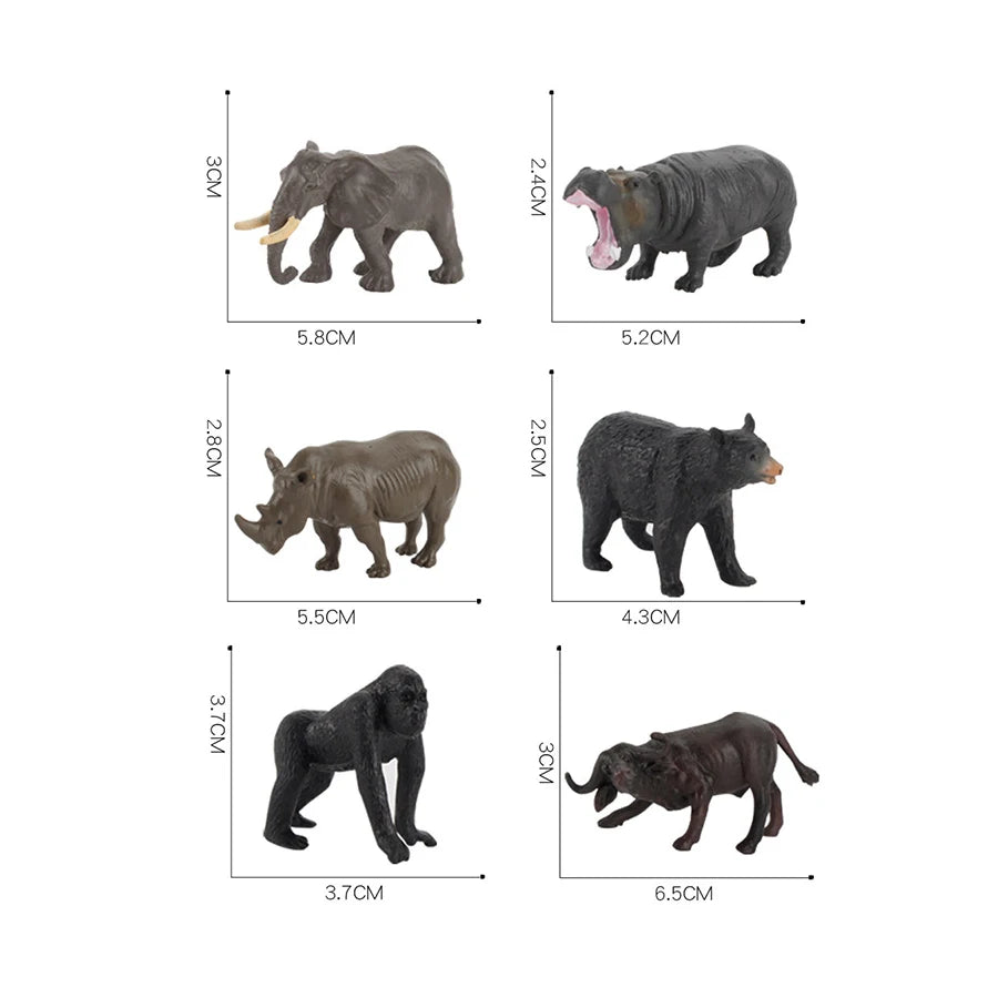 A collection of realistic animal figurines including a elephant, a lion, a bear, and a wolf.