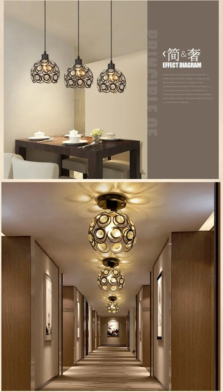 A crystal single-head ceiling lamp with a metal frame is shown hanging in a modern interior setting.