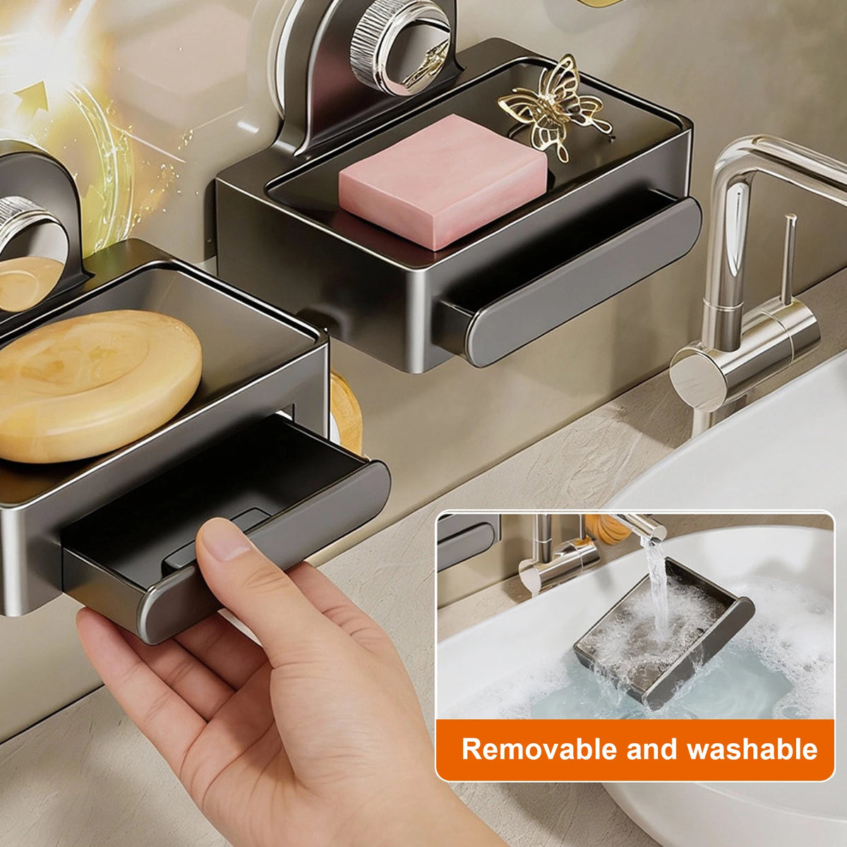 A hand is placing a pink soap block into a chrome wall-mounted soap dish with a drain tray.