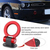A red decorative trailer hook is shown with a black base and a paste type applicator for non-destructive installation on a ca