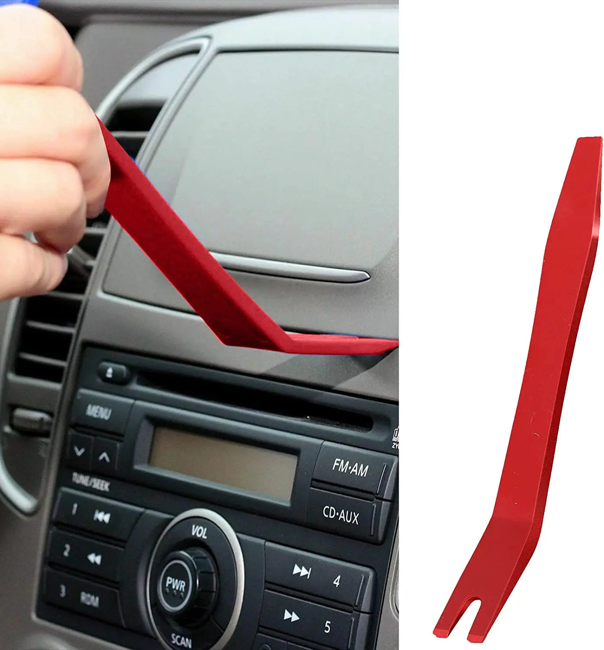 A red plastic tool kit for emergency car door unlocking featuring an air wedge and grabber.