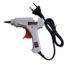 A white hot melt glue gun with a black cord and glue sticks is shown against a white background.