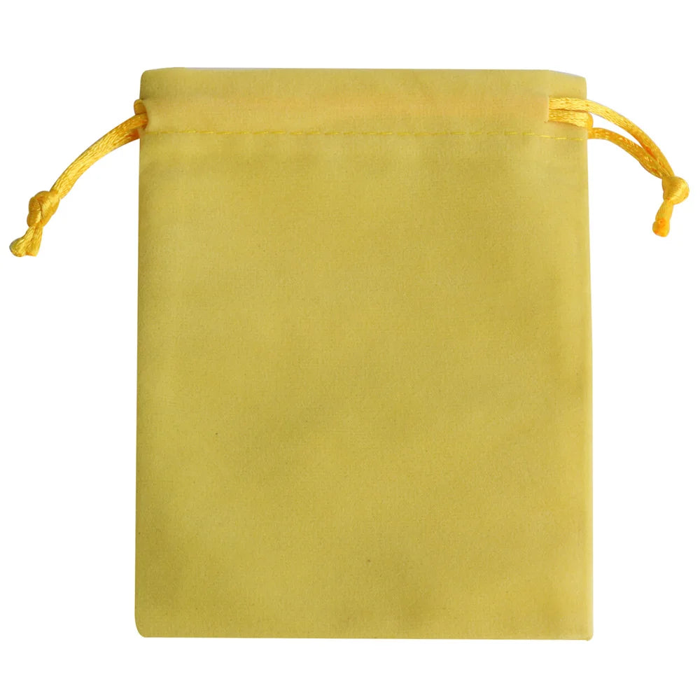 A rectangular, light olive green velvet drawstring pouch with golden ties.