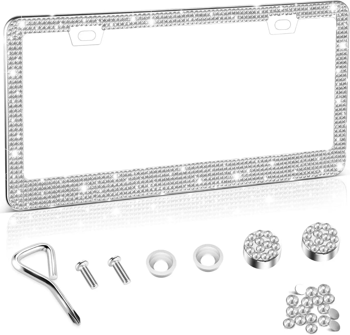 Crystal Rhinestone License Plate Frame with Screw Caps