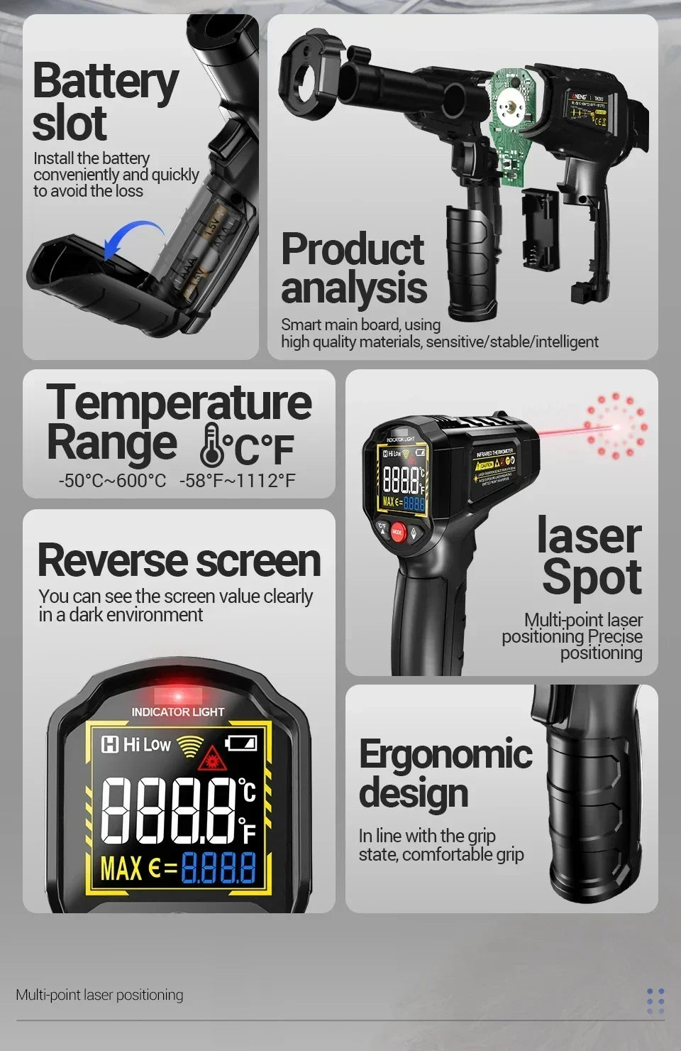 Infrared thermometer showing temperature, battery slot installation, reverse screen display, and ergonomic design.