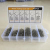 A plastic welding repair nail kit with various size and shape staples stored in a clear plastic box.