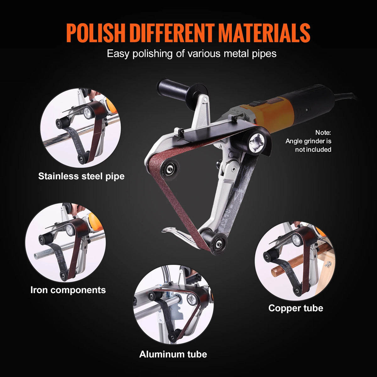 A hand-held angle grinder attachment with multiple adapters for polishing various metal pipes like stainless steel, iron, alu