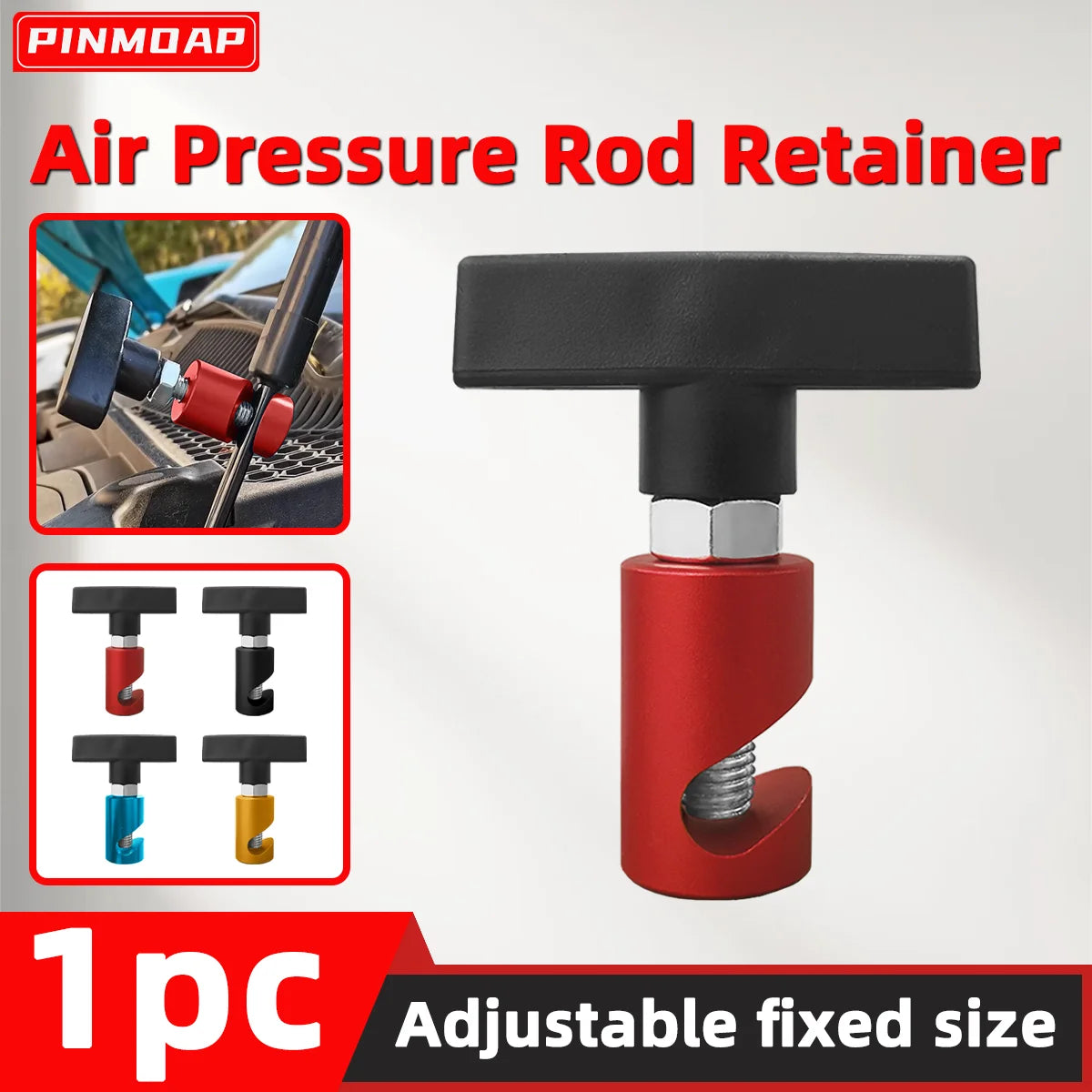 Black air pressure rod retainer with adjustable fixed size and metal clips for hood lift support.