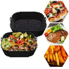 Reusable square air fryer silicone liners showing various food items like pizza, meat, and fries.