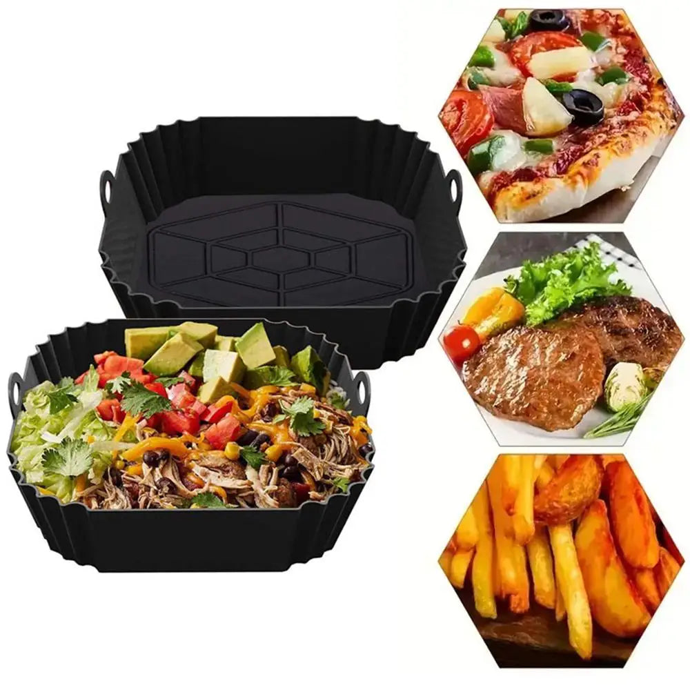 Reusable square air fryer silicone liners showing various food items like pizza, meat, and fries.