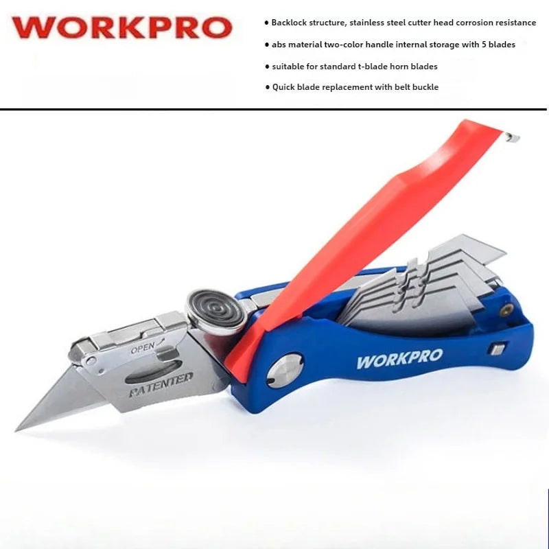 A blue and red WorkPro utility knife with a silver blade is shown, featuring a retractable mechanism.