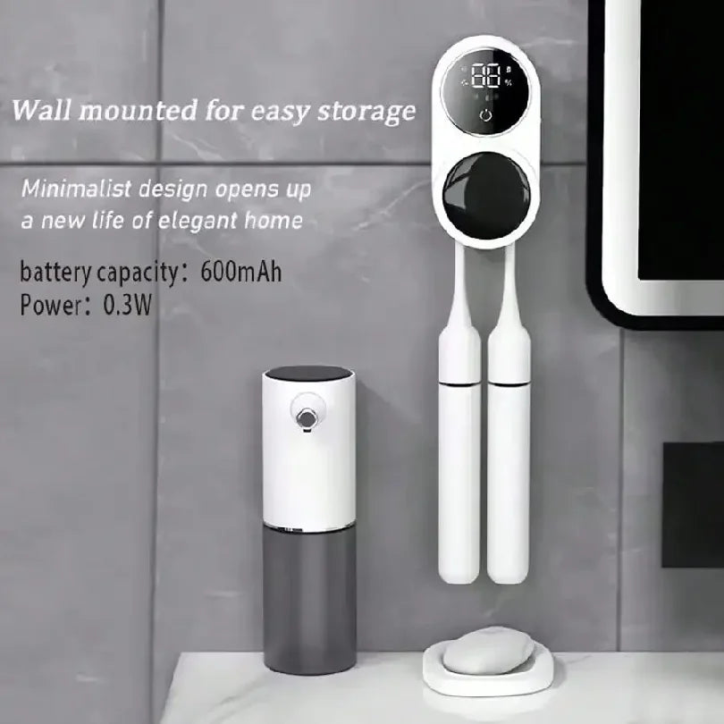 A white smart wall-mounted toothbrush sterilizer and dryer unit is shown mounted on a gray tiled wall.
