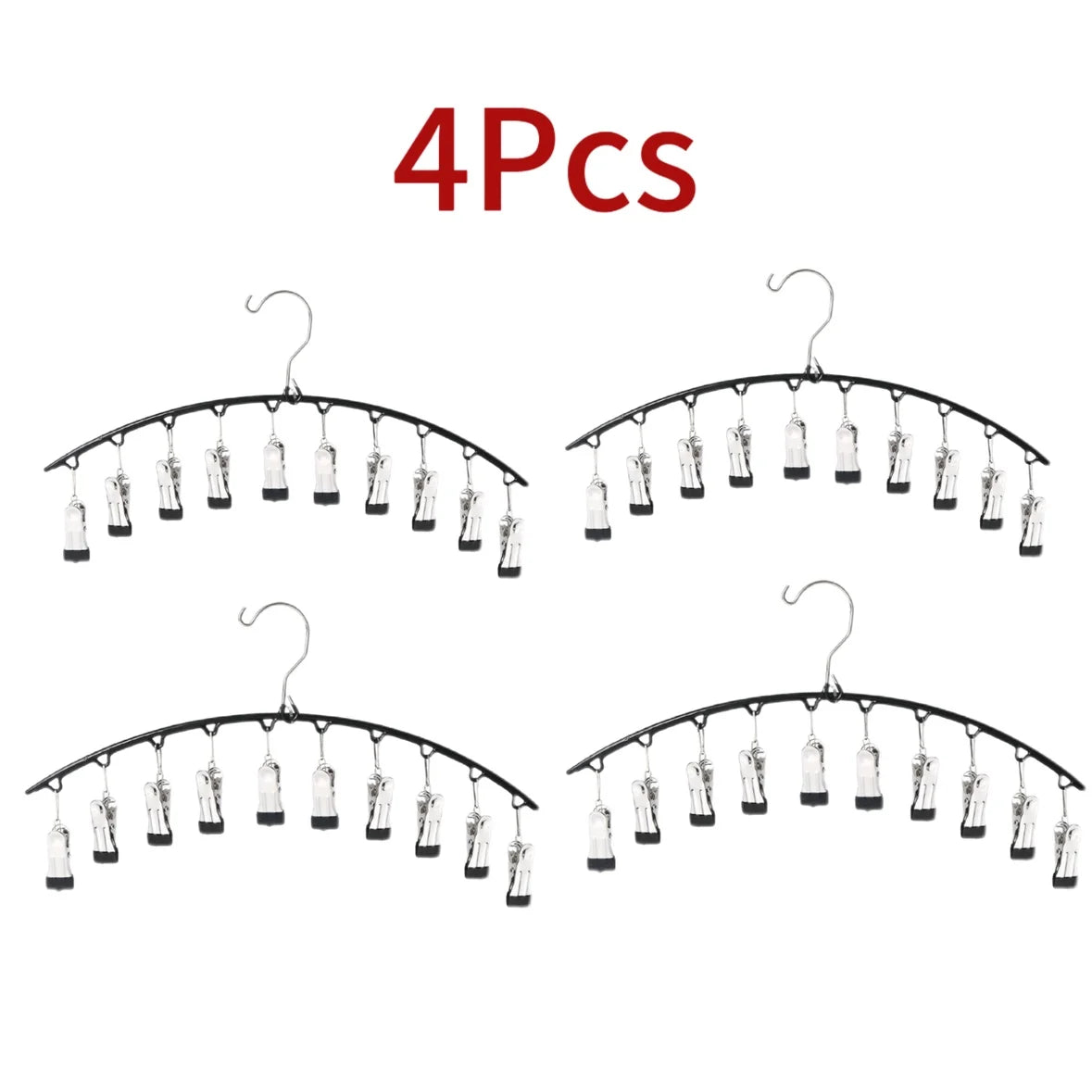 Four sets of space-saving metal pant hangers with ten clips each.