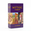 A box of the Mythic Tarot 78-card deck with a gold label on a purple background.