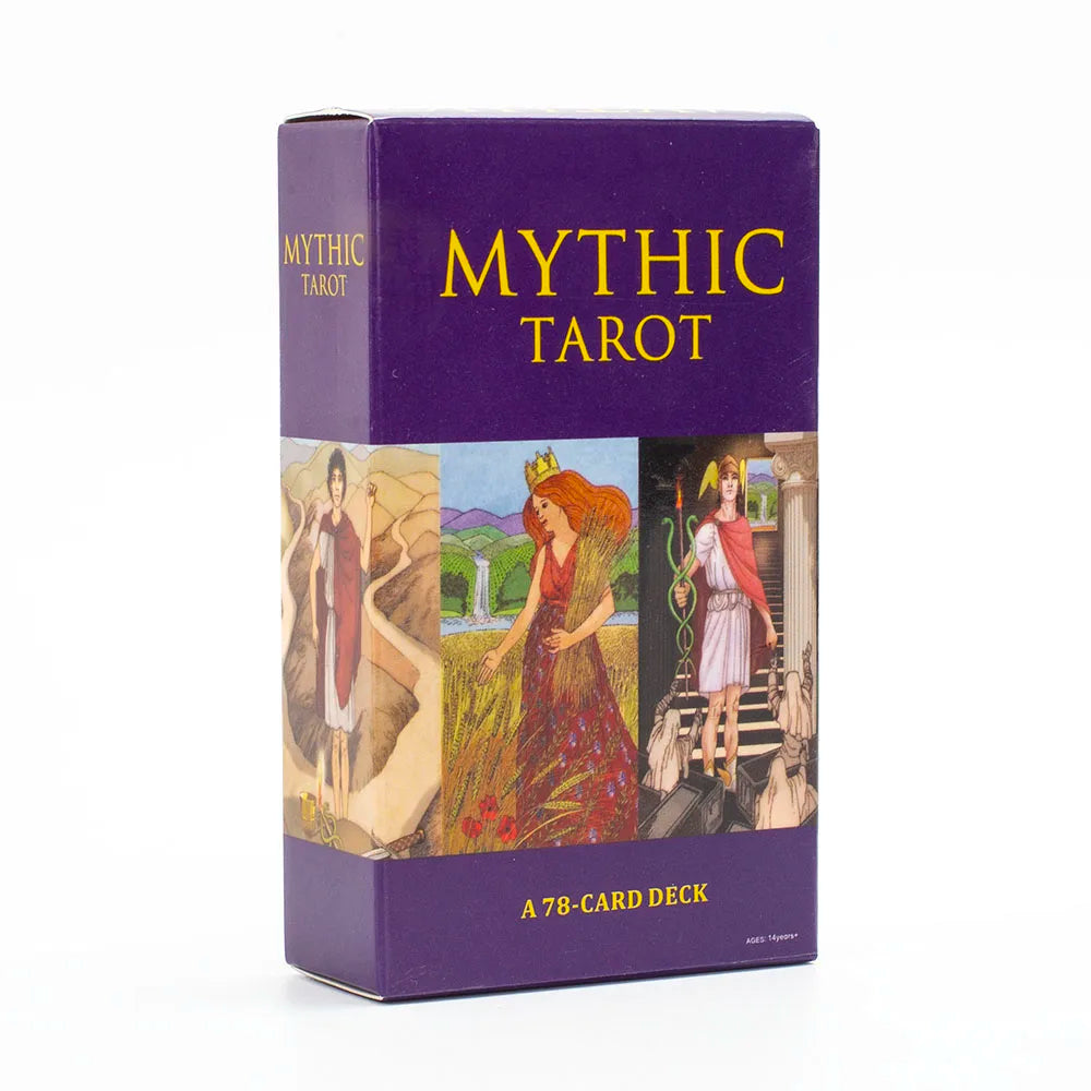 A box of the Mythic Tarot 78-card deck with a gold label on a purple background.