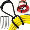 Various heavy-duty hook and loop storage straps in black, red, and yellow coiled on a white background.