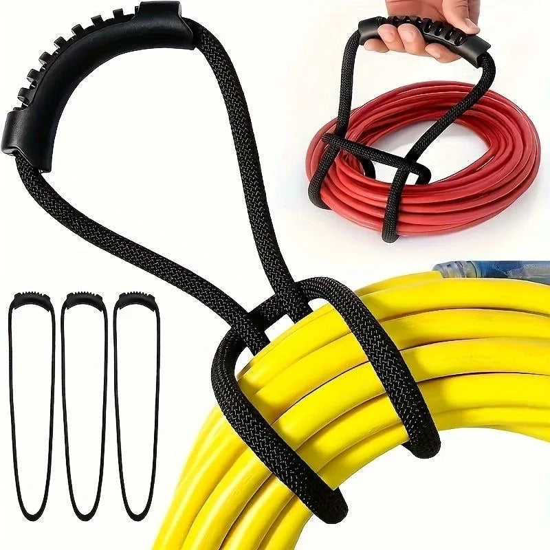 Various heavy-duty hook and loop storage straps in black, red, and yellow coiled on a white background.