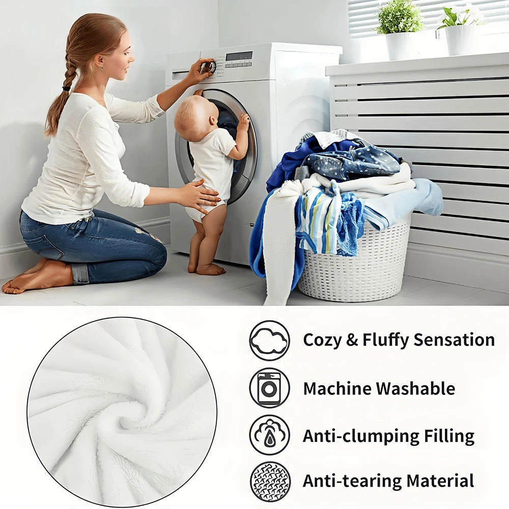 A white fluffy throw blanket is shown next to a washing machine and laundry basket.