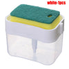 White 1-piece press-type portable soap dispenser with a green sponge and yellow base.