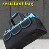 A black, thickened, wear-resistant bag with light blue accents is shown on a gray background.