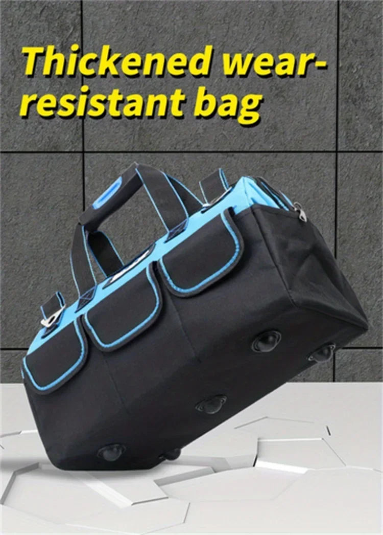 A black, thickened, wear-resistant bag with light blue accents is shown on a gray background.