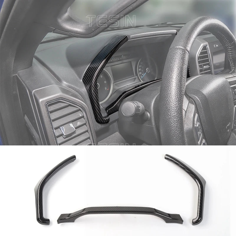 Carbon fiber grain trim cover for Ford F-150 center console and steering wheel grip.