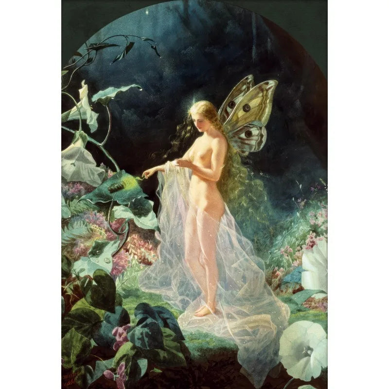 A painting depicting a nude female figure with large butterfly wings emerging from lush green foliage against a dark backgrou