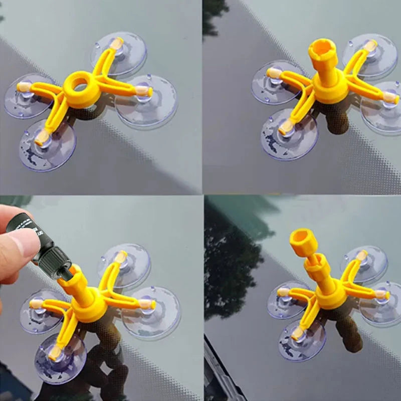 A yellow DIY windshield repair kit with suction cups is shown in various angles on a car surface.