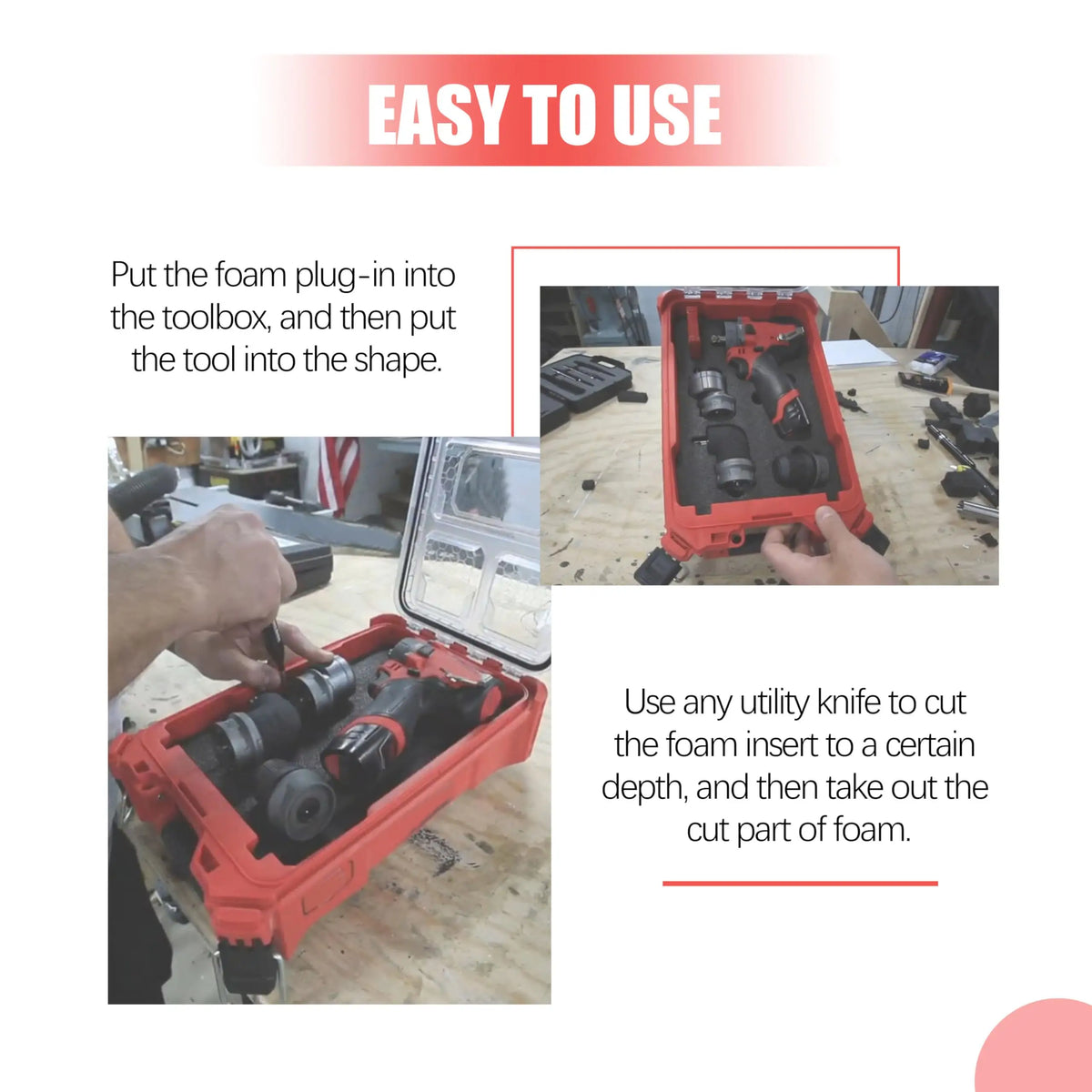 A person is using a utility knife to cut foam insert from a tool inside an orange Milwaukee packout toolbox.
