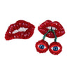 Two sparkling red beaded rhinestone patches shaped like lips and eyes for clothing and DIY crafts