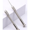 A pair of silver leather sewing awls with replaceable needles shown against a white background.