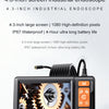 A black industrial endoscope camera with a 4.3-inch screen is shown, displaying internal machinery.