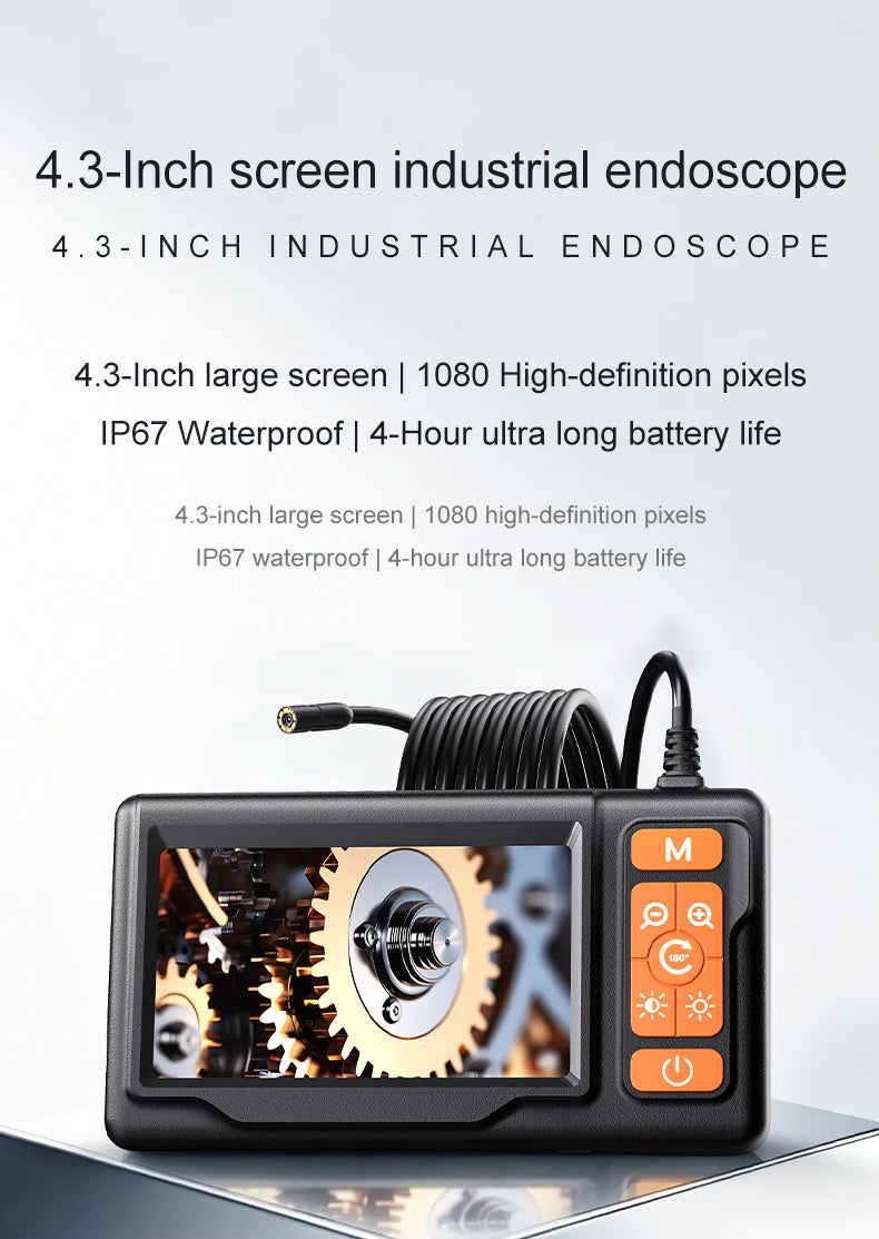 A black industrial endoscope camera with a 4.3-inch screen is shown, displaying internal machinery.