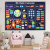 A dark blue calendar board titled My Daily Calendar featuring weather, feelings, dates, months, and years with various farm a