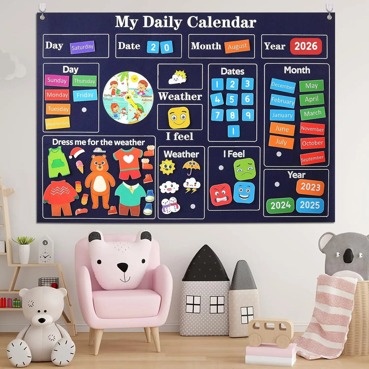 A dark blue calendar board titled My Daily Calendar featuring weather, feelings, dates, months, and years with various farm a