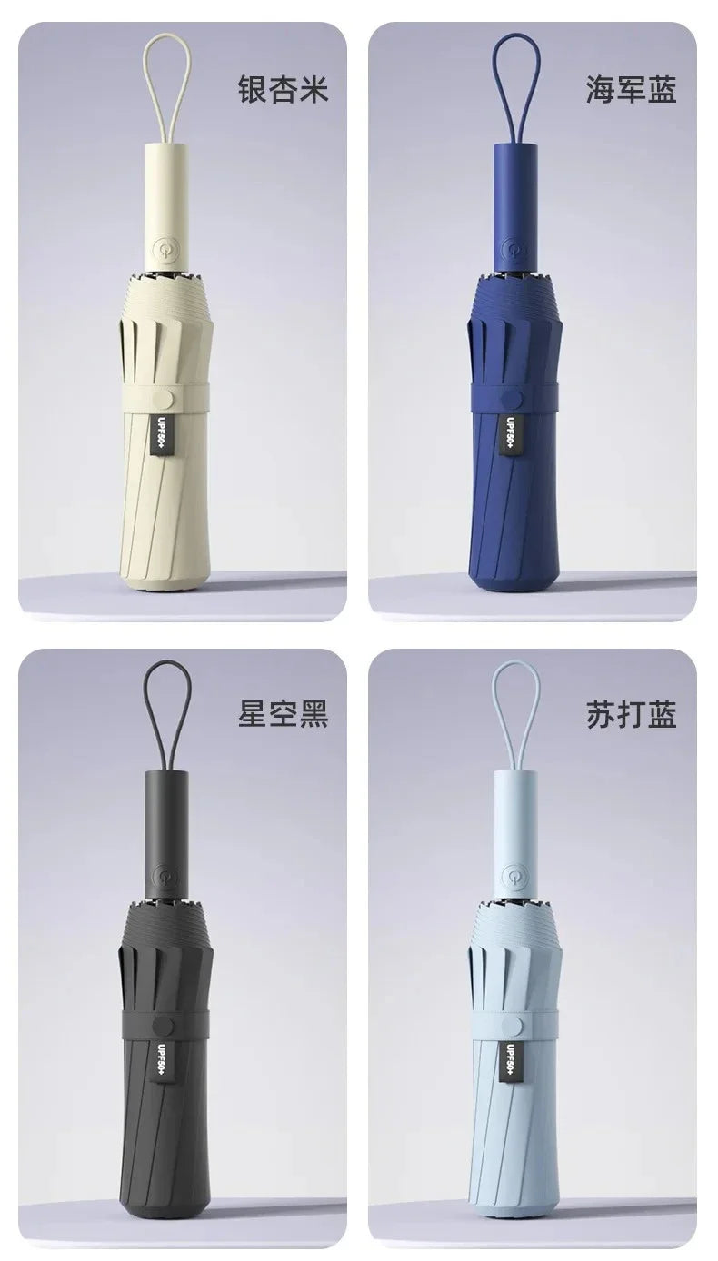 Four variations of the Storm-Ready Automatic Folding Umbrella in cream, blue, black, and light blue colors.