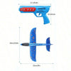 A blue foam catapult gun and a matching glider plane toy set for outdoor flying.