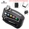 A black lock and reminder rope set for motorcycles featuring an alarm disc lock device.